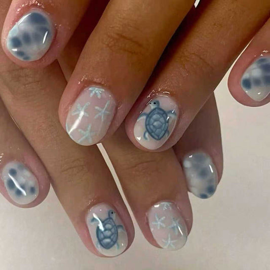 Ocean Serenity Short Oval Light Blue with Turtle and Starfish Design Press on Nail Set