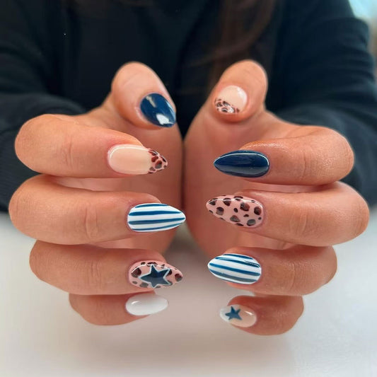 Nautical Charm Medium Almond and Stiletto Shaped Multicolor Press-On Nail Set with Unique Leopard and Striped Patterns