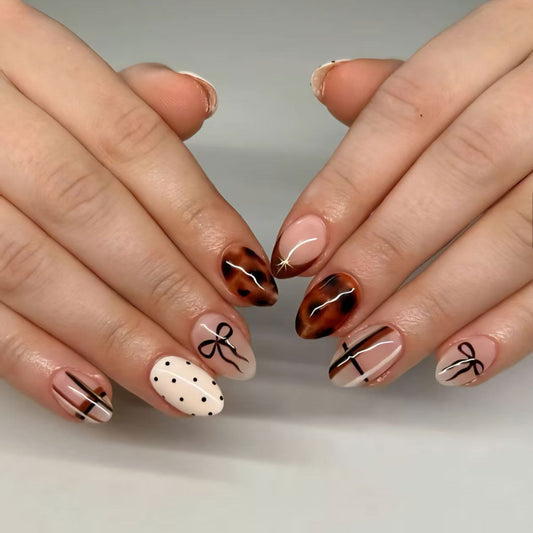 Chic Elegance Medium Almond Brown and Beige Press On Nail Set with Unique Bow and Line Design