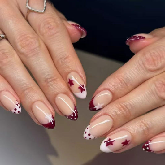 Celestial Beauty Medium Almond Burgundy and Beige Starry Design Press-On Nail Set