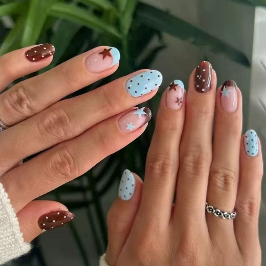 Starry Night Dream Medium Almond Blue Brown with Shimmering Star Accents Press On Nail Set