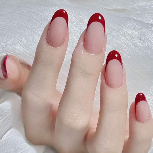 Elegant Romance Medium Oval Red Tips with Shimmering Accent Press On Nail Set