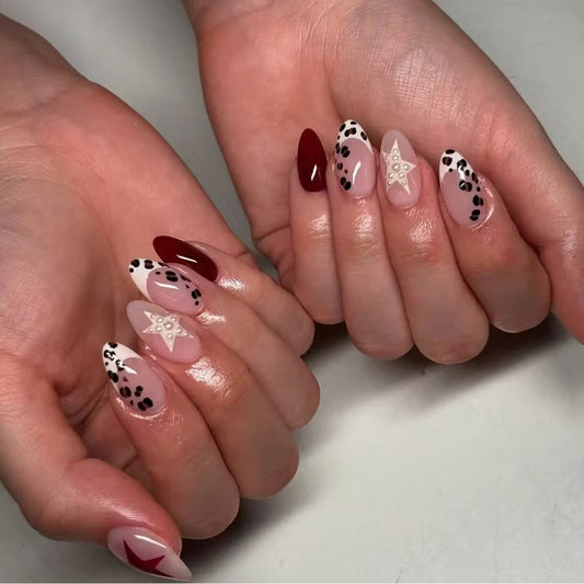 Chic Animal Print Stylish Medium Almond Press On Nail Set in Elegant Red and Soft Neutral with Eye-Catching Star Accent