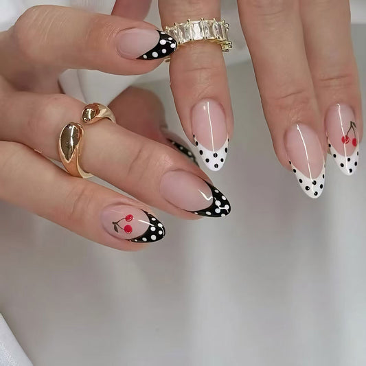 Cherry Chic Long Almond Press on Nails Black and White Polka Dot with Cherry Design