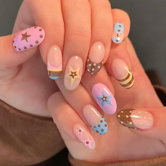 Whimsical Stardust Long Oval Press On Nails in Pastel Colors with Unique Star Accents