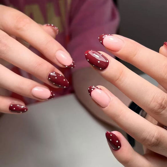 Elegant Romance Medium Oval Shaped Burgundy and Beige Press on Nail Set with Dainty White Dot Accents