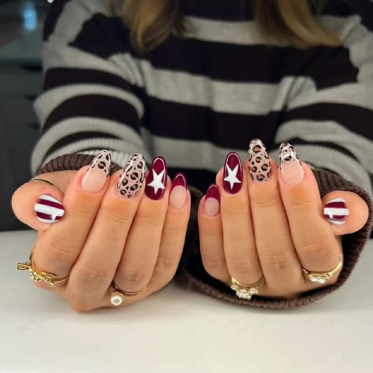 Glamorous Dream Grape Medium Oval Length Shaped Multicolor Press on Nail Set Featuring Chic Animal Print and Star Accents