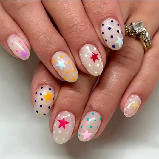 Starlit Dream Oval Medium Pastel with Rainbow Star Accents Press On Nail Set