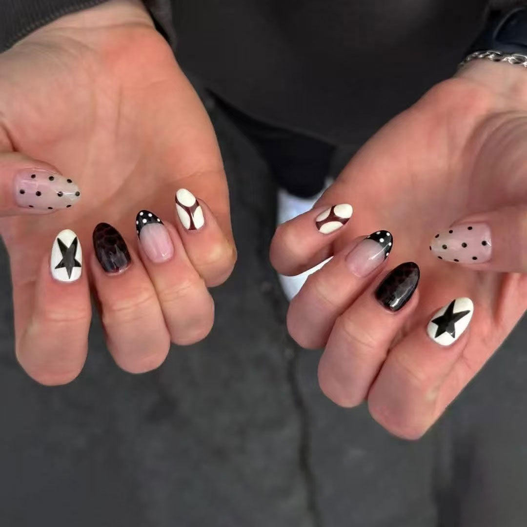 Elegant Night Sky Medium Almond Black and White Geometric Press On Nail Set