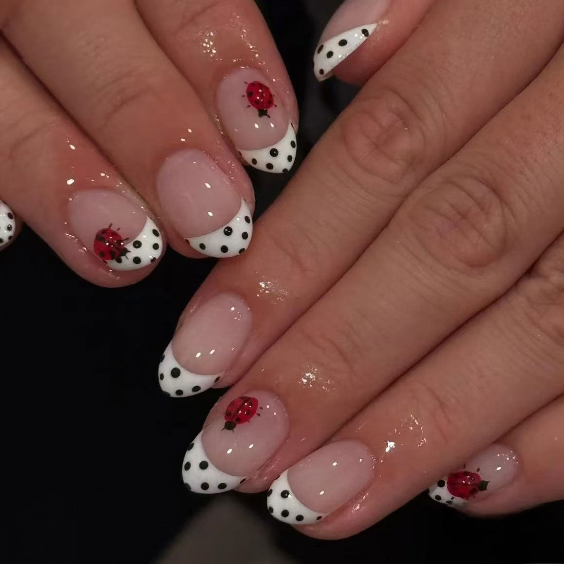 Charming Garden Delight Medium Oval Shaped White and Black Polka Dot Press On Nail Set with Vibrant Ladybug Accents