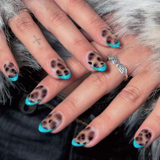 Wild Safari Inspired Medium Oval Shape Jewel Toned Blue and Animal Print Press On Nail Set