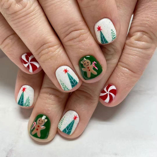 Festive Cheer Short Square Green and White with Gingerbread and Peppermint Design Press-On Nail Set