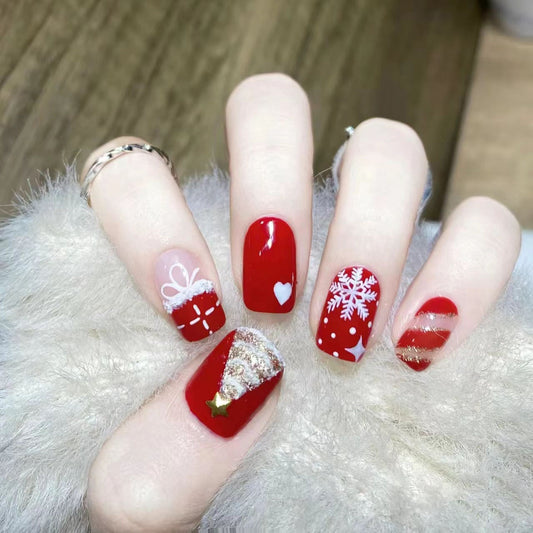 Festive Elegance Medium Square Red with Glittery Holiday Art Nail Set