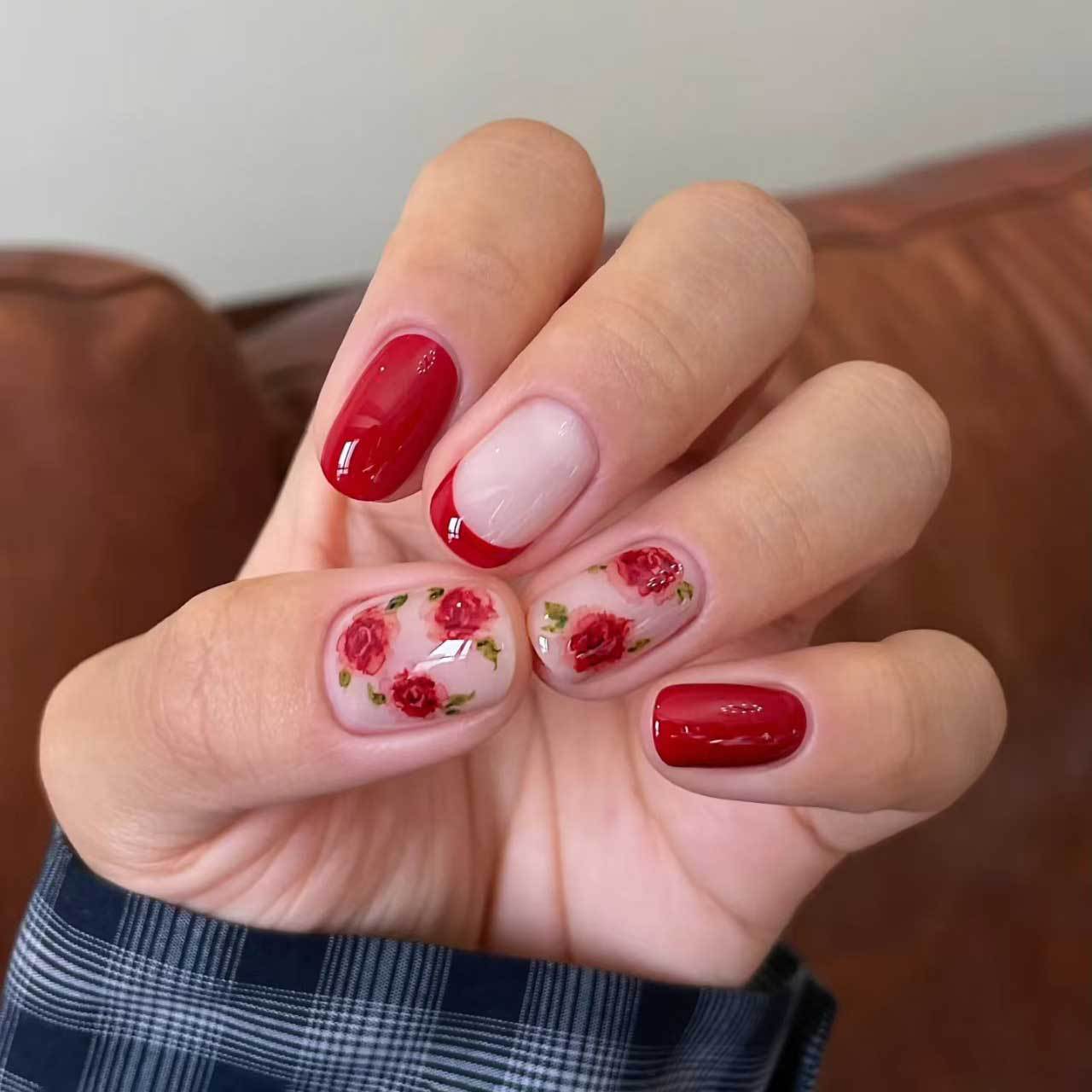 Floral Romance Medium Squoval Red and Clear Press On Nail Set with Hand Painted Rose Designs