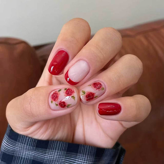 Floral Romance Medium Squoval Red and Clear Press On Nail Set with Hand Painted Rose Designs