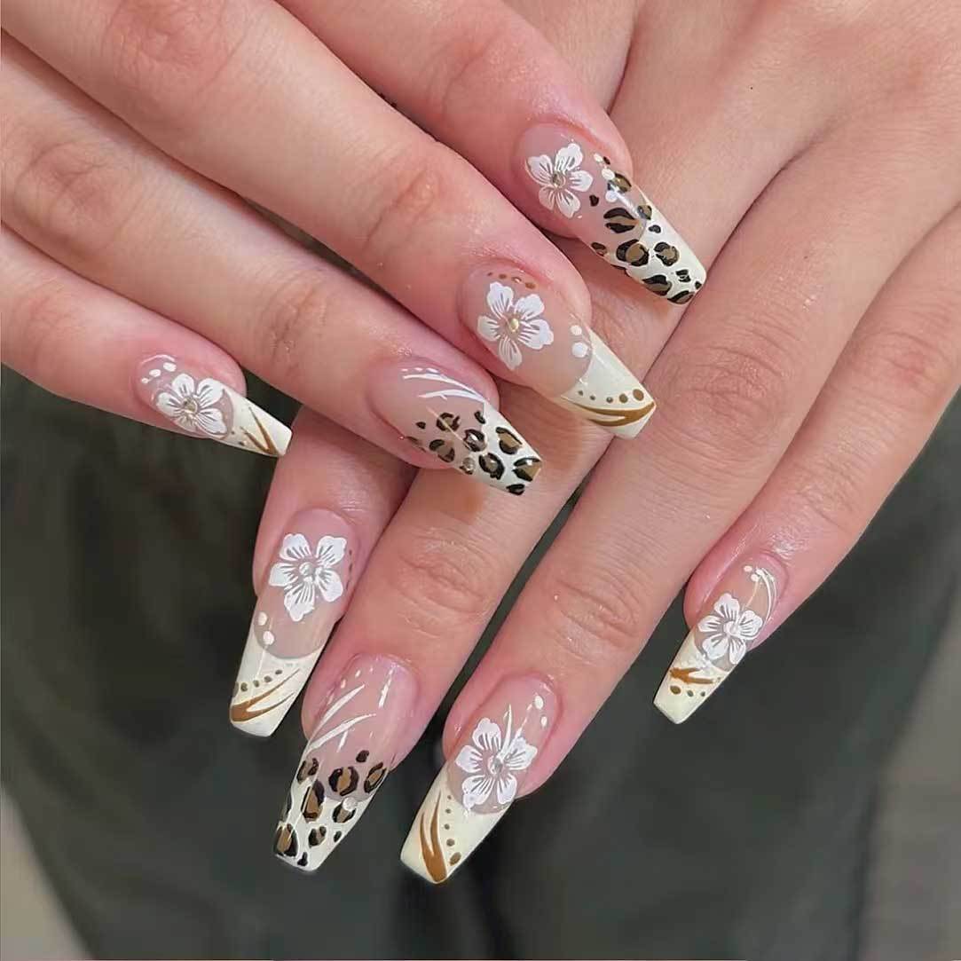 Tropical Chic Long Coffin Shape Beige with Floral and Leopard Print Accent Press on Nail Set