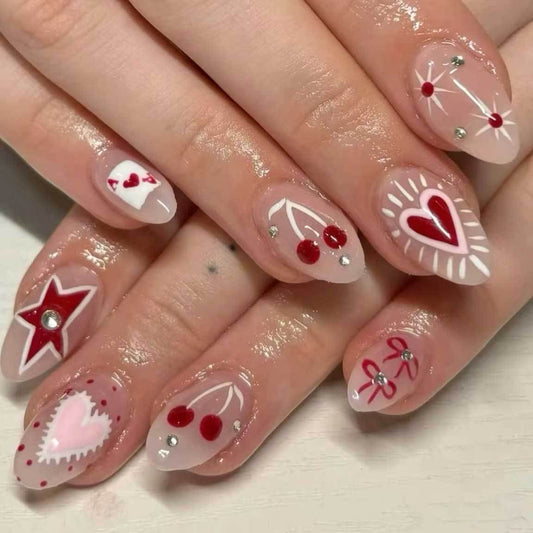 Sweet Cherry Romance Press-On Nail Set in Medium Almond Shape with Clear Base and Vibrant Red Designs