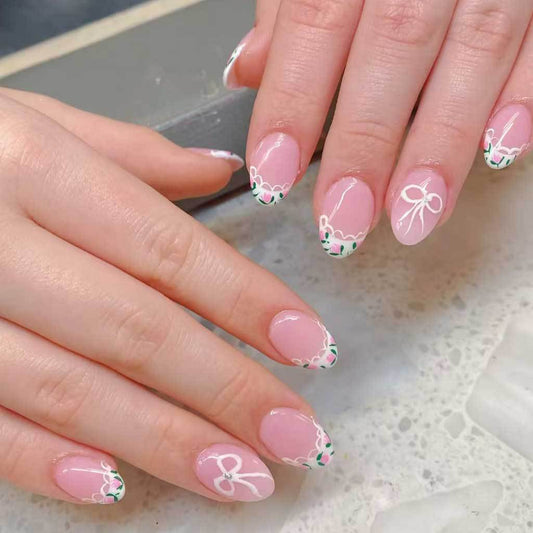 Charming Floral Elegance Short Almond Pink Press On Nail Set with Delicate Green Accents