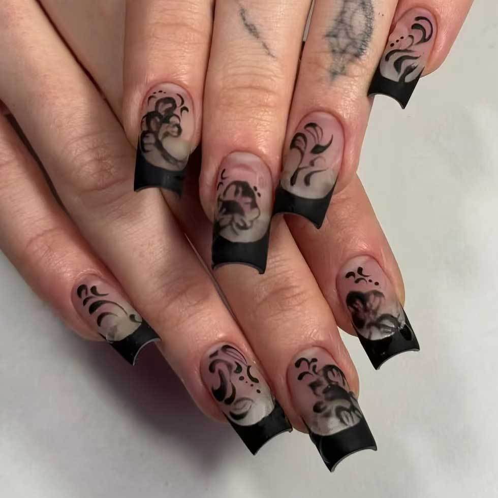 Mystical Noir Long Square Shape Black Ombre Press On Nail Set with Elegant Floral Design