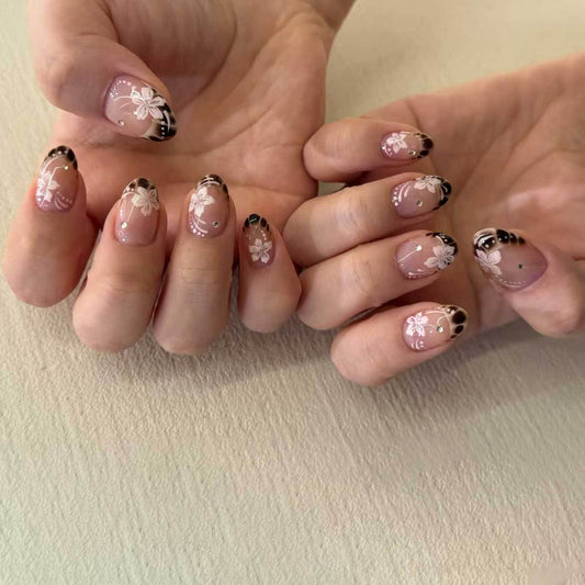 Enchanting Blossom Design Long Almond Pink with Elegant Floral Accents