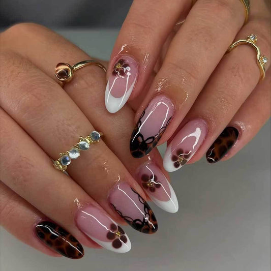 Bohemian Elegance Long Almond Pink and White Floral Design with Tortoiseshell Accents Press On Nail Set