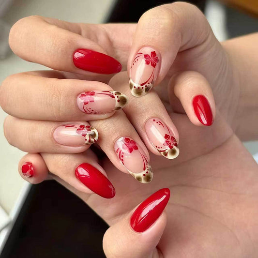 Floral Paradise Elegant Medium Almond Shaped Red Gradient Press on Nail Set with Stunning Floral Accents