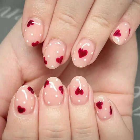Love Story Charming Short Oval Shaped Soft Pink Press On Nail Set with Adorable Heart and Polka Dot Design
