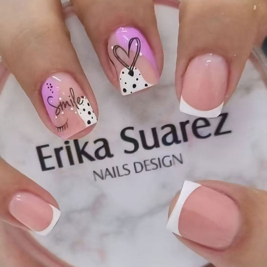 Charming Floral Inspired Short Square Press on Nail Set in Soft Pink with Whimsical Artwork