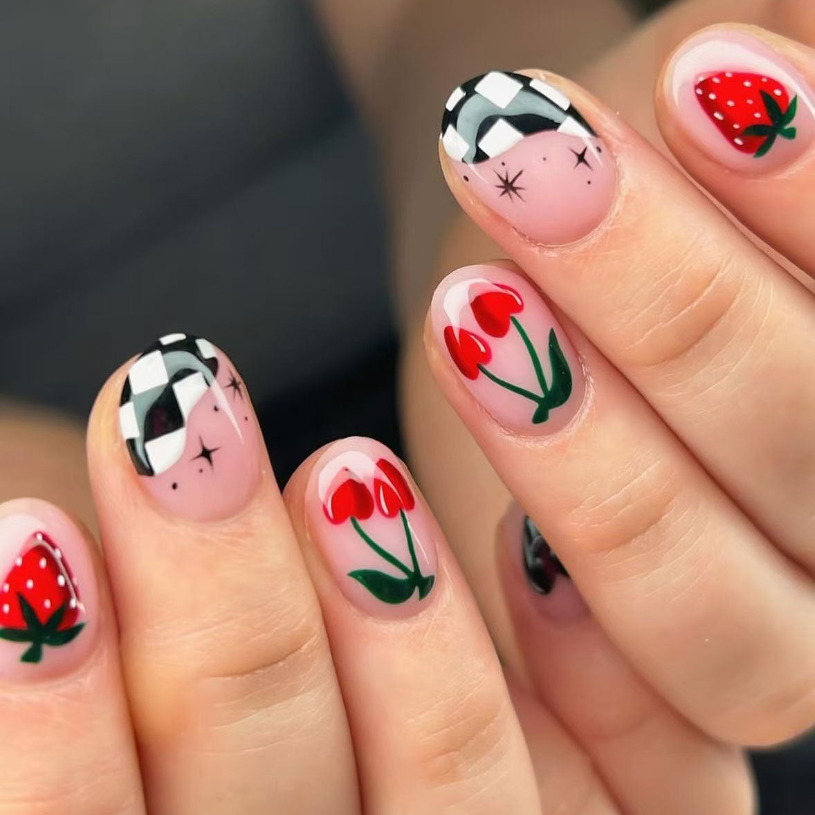 Charming Garden Inspired Short Oval Red and Green Press On Nail Set with Whimsical Floral Designs