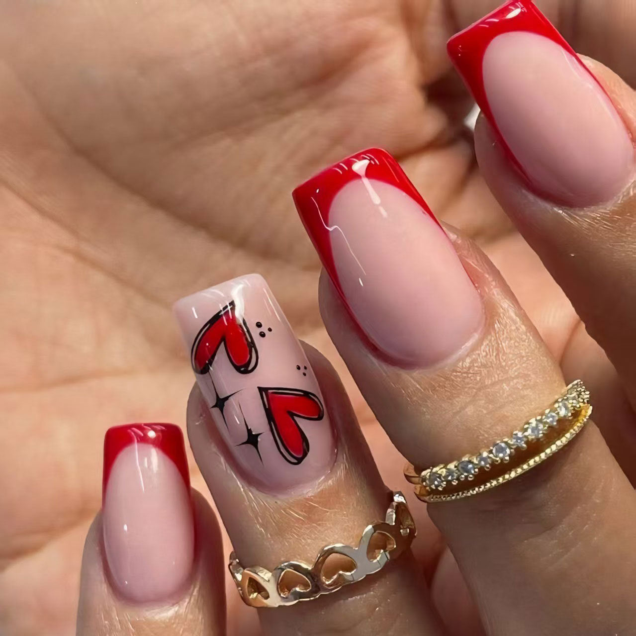 Romantic Elegance Medium Square Red and Pink Heart Accent Press-On Nail Set