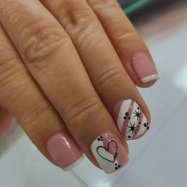 Whimsical Romance Short Square Pink and White Heart and Star Design Press-On Nail Set