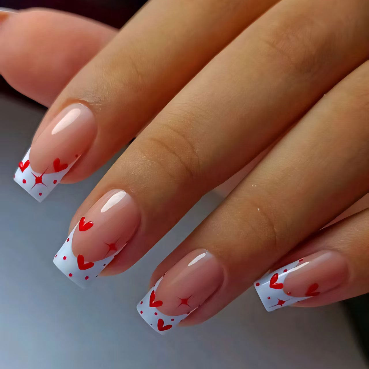 Romantic Elegance Long Square Glossy Red Heart Design Press On Nail Set