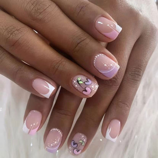 Charming Blossom Short Square Pink Ombre Press On Nail Set with Heart and Leaf Accent