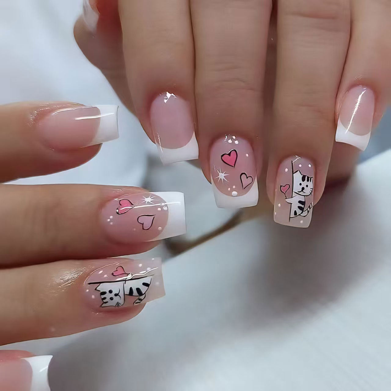 Whimsical Cat Lovers Press On Nail Set Short Square Clear with Charming Heart and Cat Design