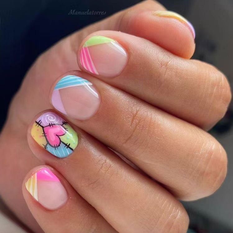 Whimsical Pastels Short Square Multi-colored with Unique Heart Design Nail Set