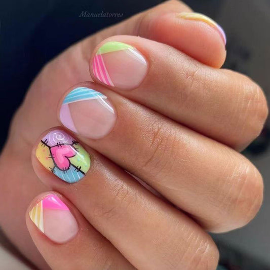 Whimsical Pastels Short Square Multi-colored with Unique Heart Design Nail Set
