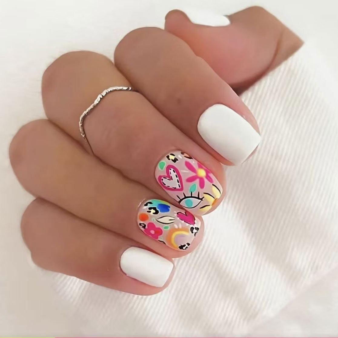 Whimsical Floral Dream Short Square White Nails with Colorful Artistic Designs