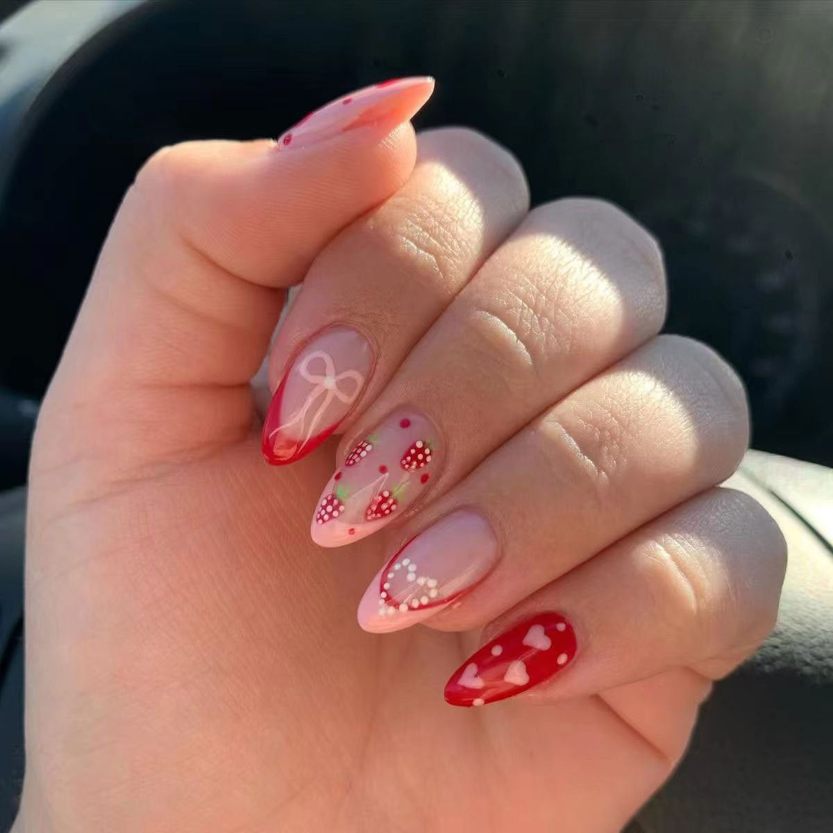 Sweetheart Fantasy Long Almond Pink and Red with Charming Heart and Bow Designs Press-On Nail Set