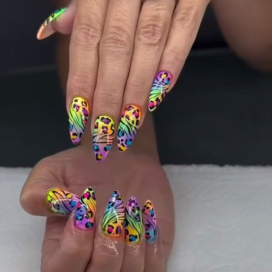 Wild Safari Glamour Long Stiletto Rainbow Gradient Press On Nail Set with Vibrant Animal Print Design