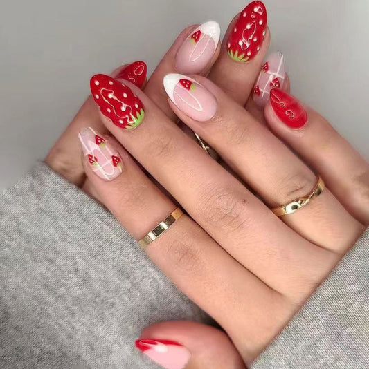 Berry Bliss Long Almond Shaped Glossy Red and Clear Nail Set with Strawberry Accents