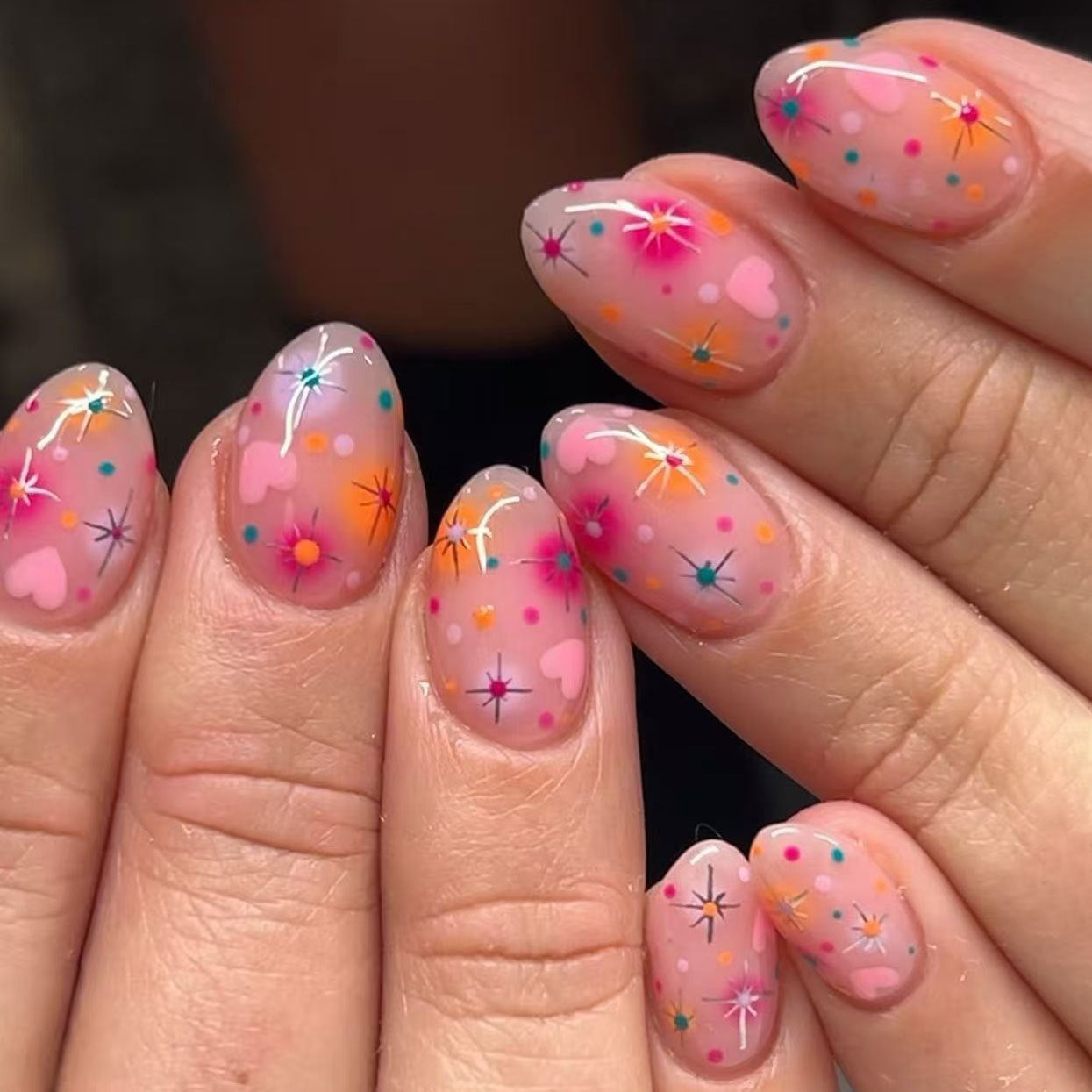 Bohemian Blossom Short Almond Pink Gradient with Dazzling Floral Accents Press On Nail Set