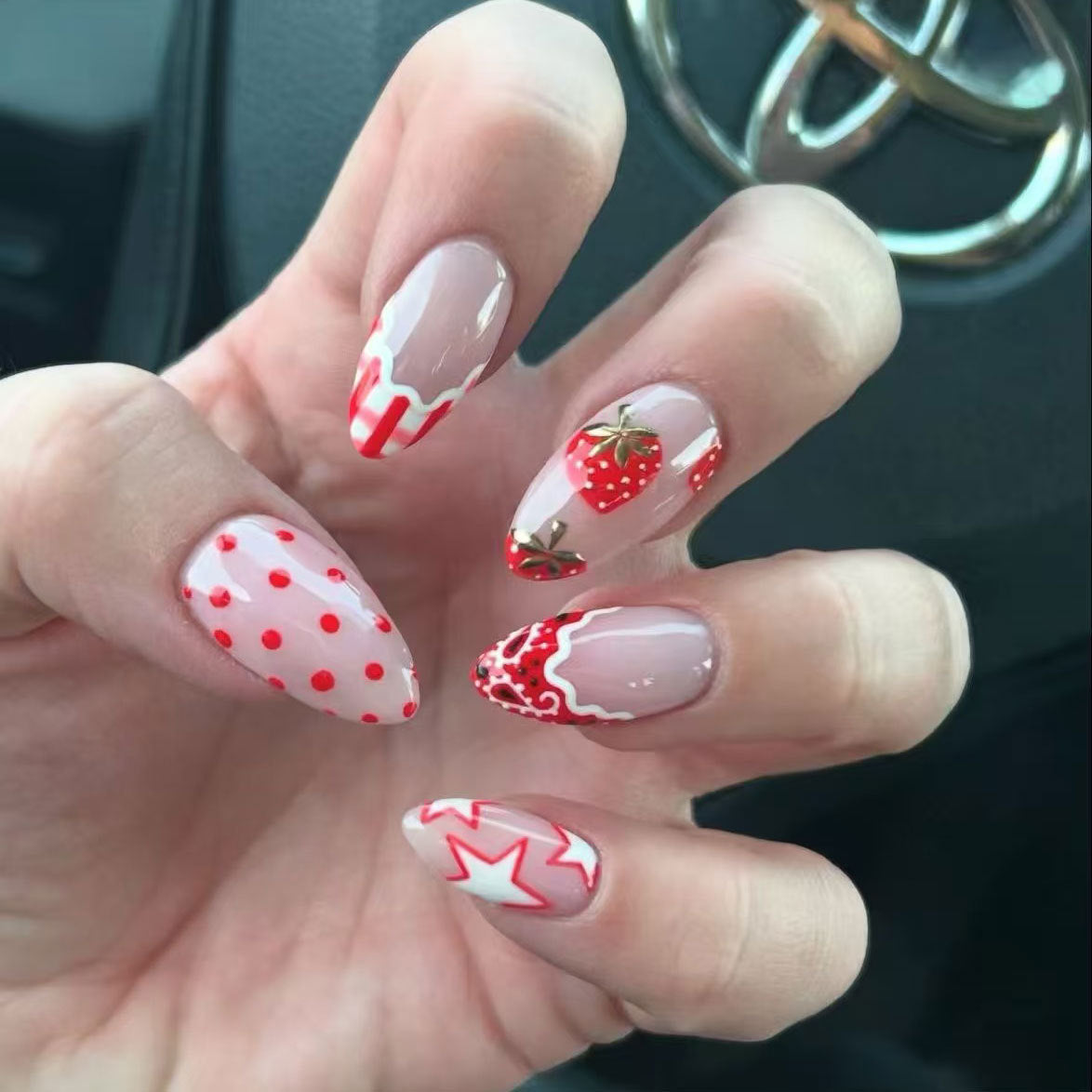 Sweet Summer Delight Long Almond Red and Pink Strawberry Themed Press-On Nail Set with Unique Gold Accents