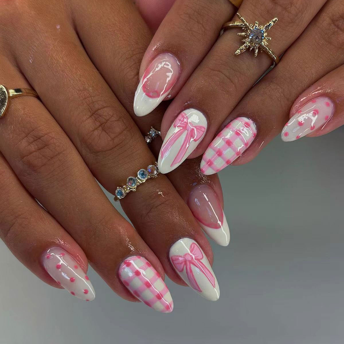 Charming Pastel Long Almond Pink and White Nail Set with Cute Bow and Gingham Design