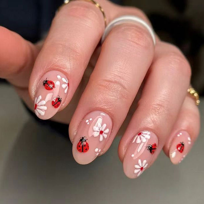 Ladybug Picnic Short Oval Beige Press-On Nail Set Featuring Vibrant Red Insect Designs with Floral Accents