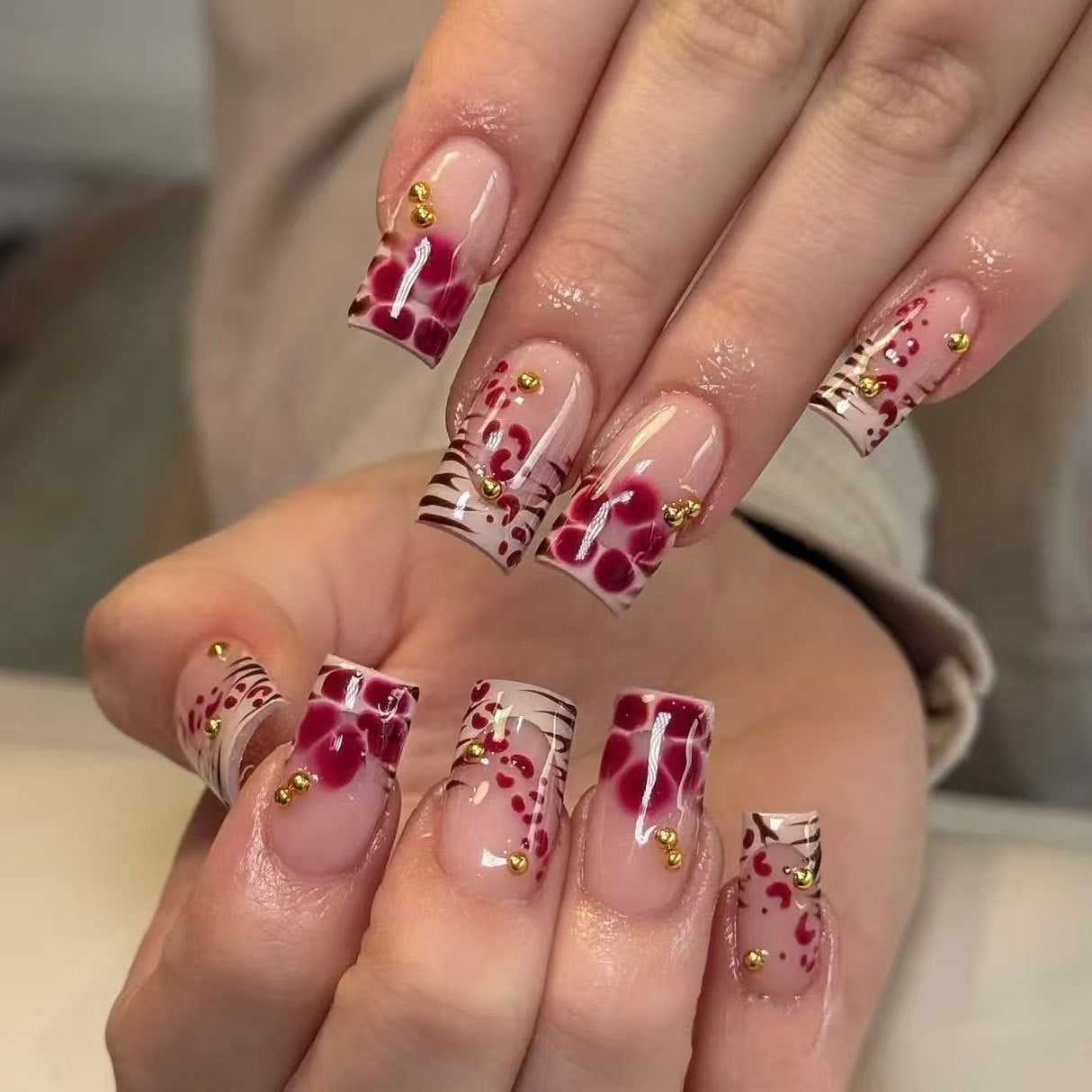 Elegant Floral Fantasy Luxurious Medium Square Blush Pink with Artistic Red Accents and Glamorous Gold Embellishments Press on Nail Set