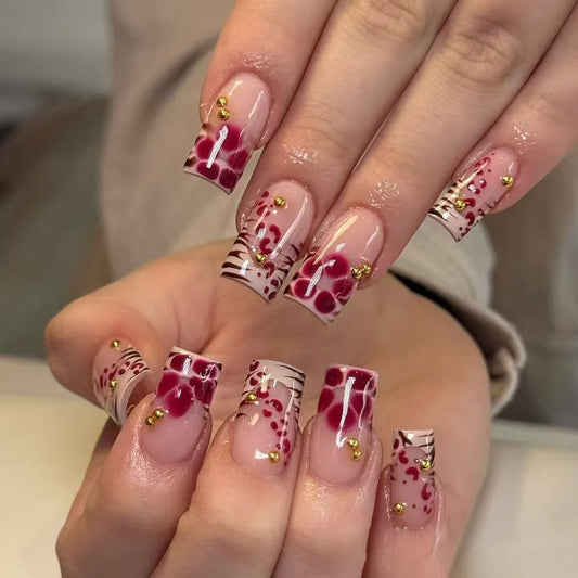 Elegant Floral Fantasy Luxurious Medium Square Blush Pink with Artistic Red Accents and Glamorous Gold Embellishments Press on Nail Set