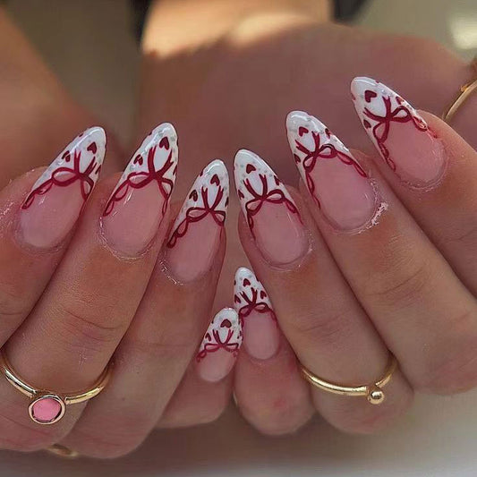 Charming Romance Long Almond White with Red Hearts Nail Set