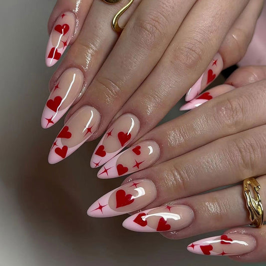 Romantic Elegance Long Stiletto Pink Translucent with Red Heart Accents Nail Set