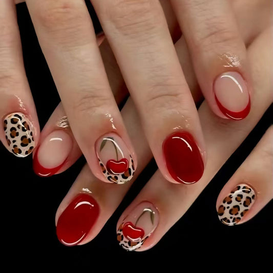 Cherry Blossom Elegance Short Squoval Red with Leopard and Cherry Design Press On Nail Set