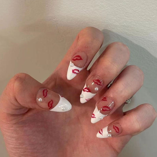 Seductive Romance Long Almond White and Red Kiss Press On Nail Set with Pearl Accents